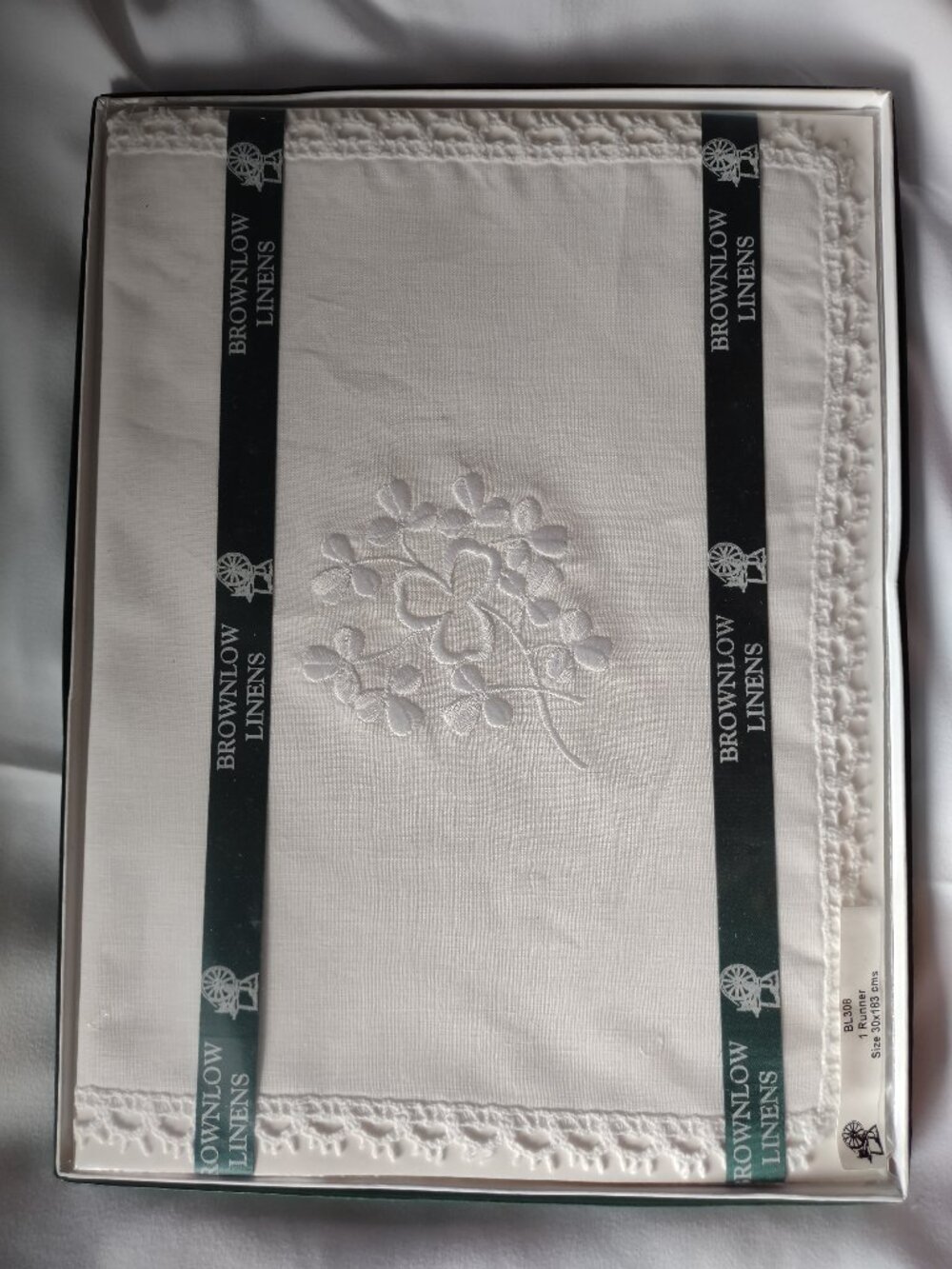New-VTG White Table Runner Shamrock Embroidery 30x183cms by Brownlow Linens